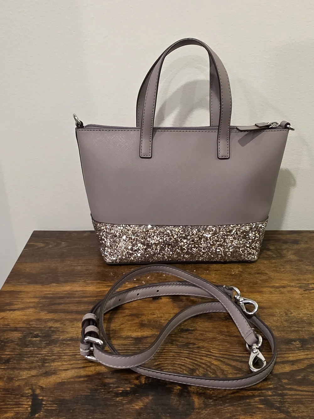 KATE SPADE GRETA INA Satchel Glitter Gray Satchel With Crossbody Strap